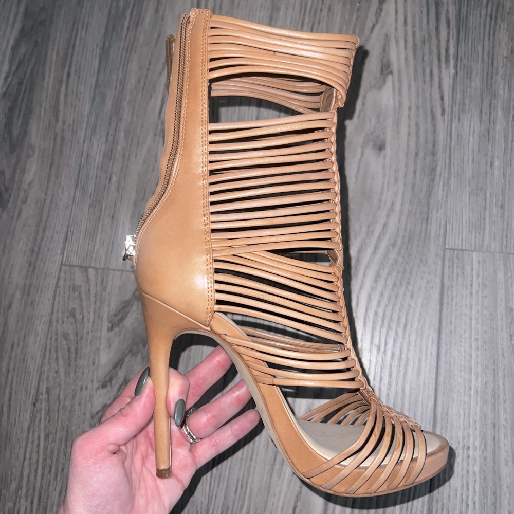 Vince Camuto Brown Leather Strappy Heeled Boot with Peep Toe